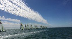 49er sailing under blue skies